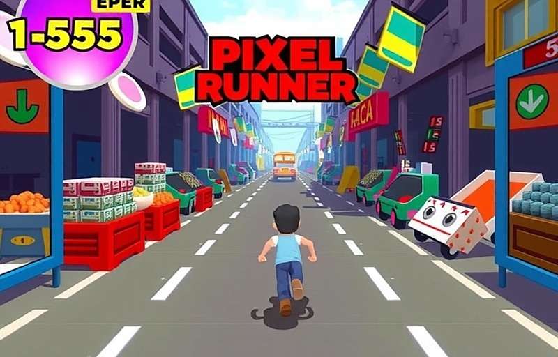 Pixel Runner 3D gameplay showing obstacle avoidance in a market scene