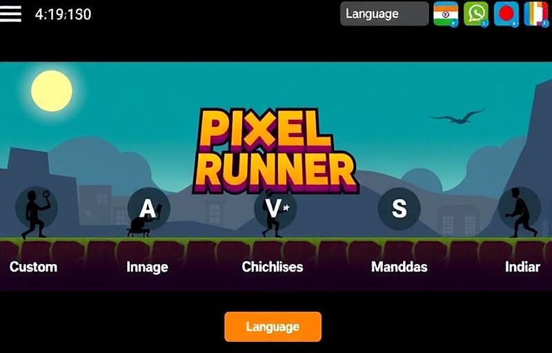 Pixel Runner 3D language selection screen showing various Indian languages
