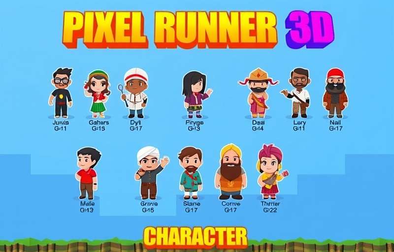 Pixel Runner 3D character selection screen with various Indian-themed characters